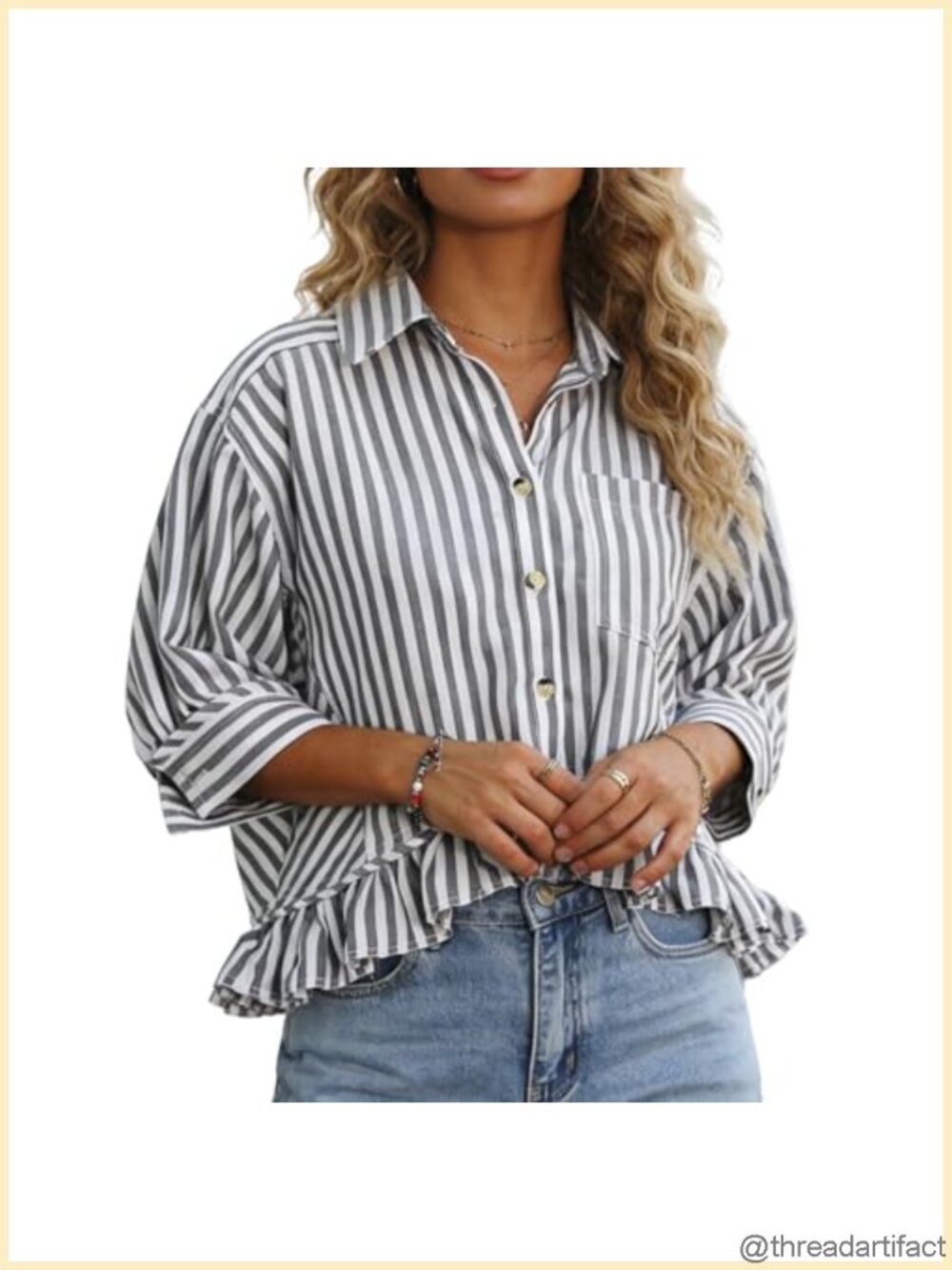 Women's 3/4 Sleeve Striped Button Down Blouse Cropped Ruffle Hem Top
